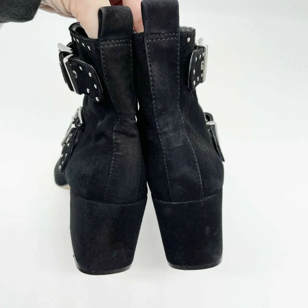 Rebecca Minkoff‎ Logan Studded Booties Shoes Sz 7.5 Black Suede Buckle Strap Zip